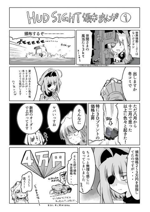 頒布予定価格ですが当初2～3万円を目指していたのですが、加工費の高騰などがあり4万円になってしまいそうです。申し訳ないです。
また、コミケに行けないが欲しい方がかなり多いので、ヤフオクでゆるっと出品するなどの対応を検討中です。以下漫画を参照して頂ければ幸いです。
#HUD_SIGHT 