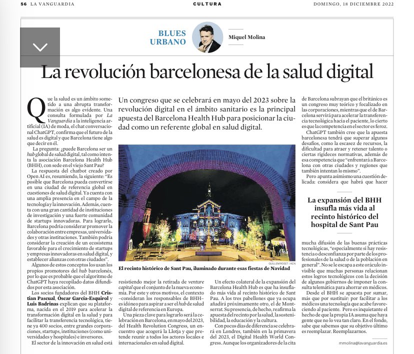 Albert Ortas (@albertortas) on Twitter photo L’aposta per la salut digital a #Barcelona gràcies al <a href="/BCNHealthHub/">Barcelona Health Hub</a> i el seu nou ‘Health Revolution Congress’ via <a href="/miquelmolina/">miquel molina</a>
📈 Un projecte liderat per <a href="/cpascualf/">Cristian Pascual</a> <a href="/BadrinasLuis/">Luis Badrinas</a> <a href="/EvaRosellSolano/">Eva Rosell</a> Óscar Garcia-Esquirol #digitalhealth | <a href="/intermediagdc/">Intermèdia Comunicació</a> L’aposta per la salut digital a #Barcelona gràcies al <a href="/BCNHealthHub/">Barcelona Health Hub</a> i el seu nou ‘Health Revolution Congress’ via <a href="/miquelmolina/">miquel molina</a>
📈 Un projecte liderat per <a href="/cpascualf/">Cristian Pascual</a> <a href="/BadrinasLuis/">Luis Badrinas</a> <a href="/EvaRosellSolano/">Eva Rosell</a> Óscar Garcia-Esquirol #digitalhealth | <a href="/intermediagdc/">Intermèdia Comunicació</a>