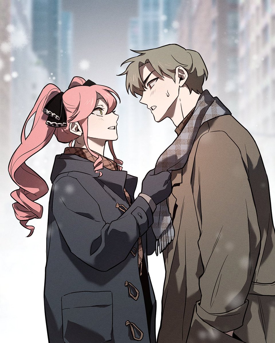 scarf coat pink hair 2boys gloves multiple boys looking at another  illustration images