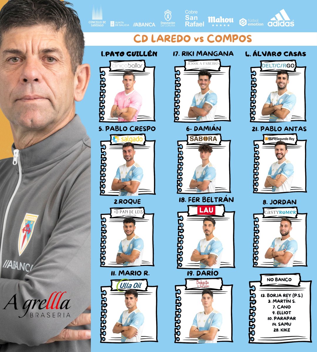 SD_Compostela's tweet photo. ⚽ 𝐎𝐍𝐂𝐄 ⚽

💙 𝑶𝒔 𝒏𝒐𝒔𝒐𝒔 para o último partido do ano contra o @CDLaredo!!! 𝐅𝐚𝐛𝐢𝐚𝐧𝐨 repite o once dos últimos encontros!!!

#LaredoCompos https://t.co/5aMG5Z2YyG