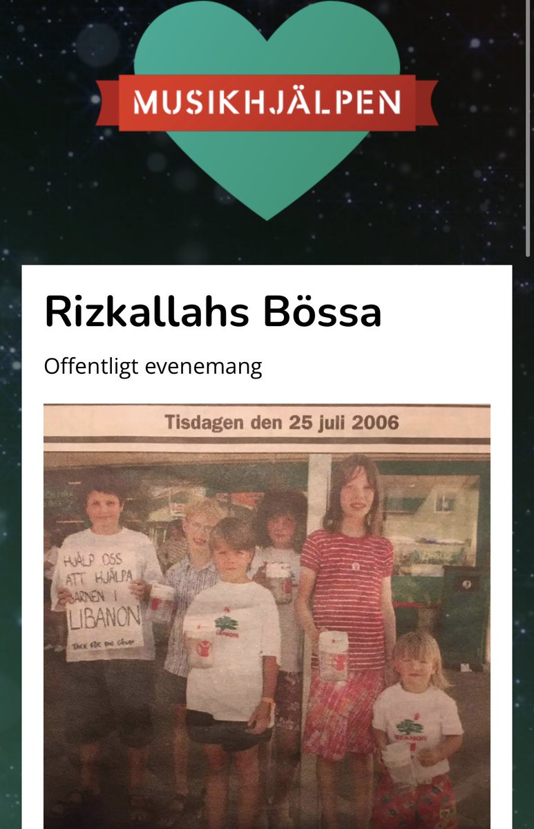 Jonatanrizk's tweet image. Slutspurt musikhjälpen!

För att försöka nå målet på 15 000kr kör vi nu en slutspurt sista dagen.
För varje like och retweet kommer jag skänka en summa till bössan. 

1 like = 3 kr
1 retweet = 5 kr

Bidra gärna!
För en säkrare barndom på flykt från krig!

bossan.musikhjalpen.se/rizkallahs-boe…