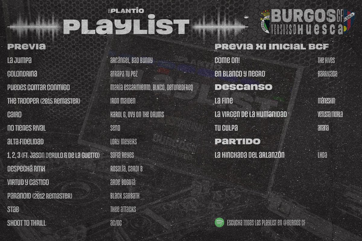 🎧 | ¡La playlist de El Plantío para el #BurgosCFHuesca!

Prepárate para el partido de esta tarde v <a href="/SDHuesca/">SD Huesca</a> escuchándola en nuestro perfil de Spotify.

🎶 open.spotify.com/playlist/5kQ0N…

#EstoVaEnSerio