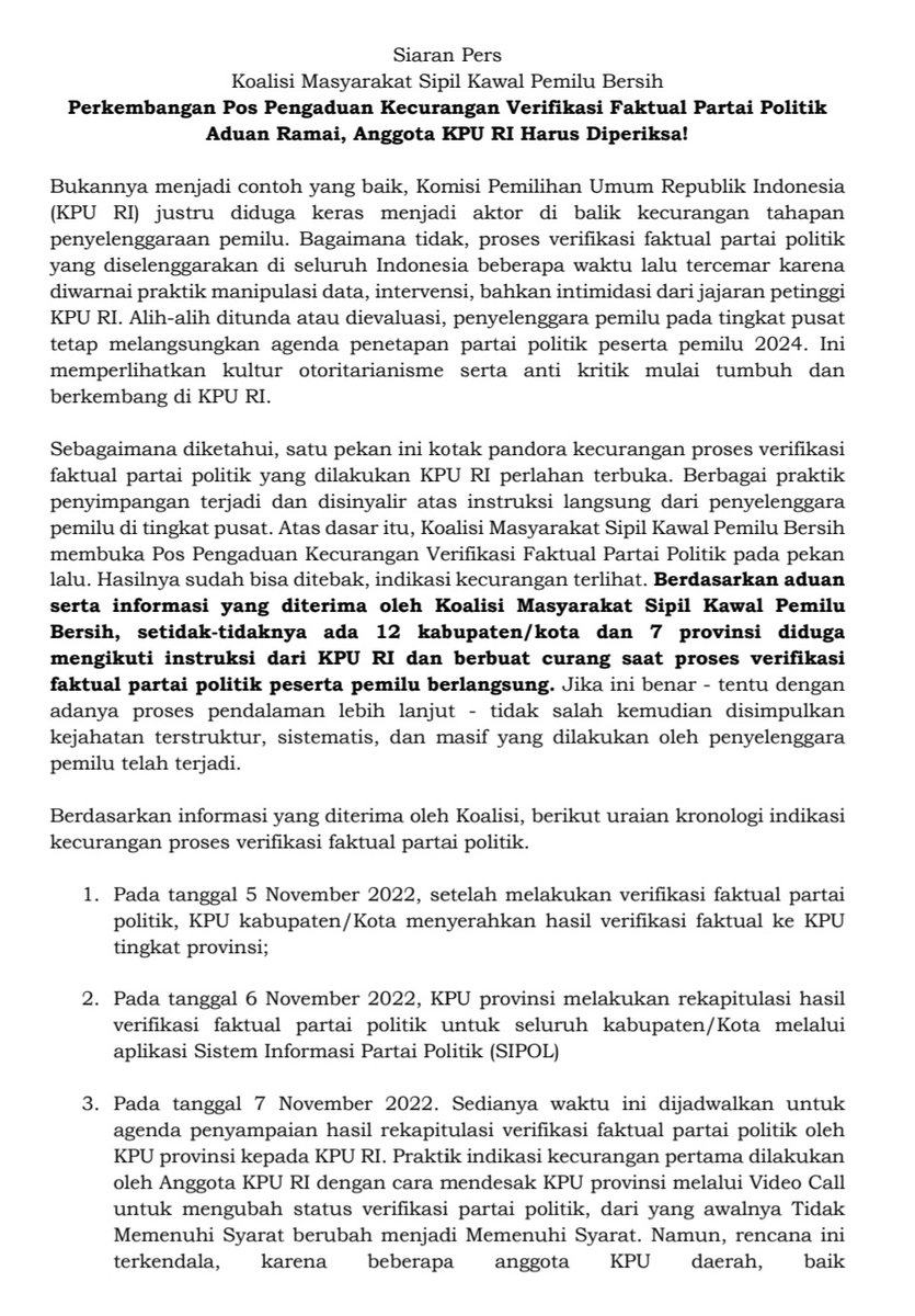 Siaran Pers Koalisi Masy Sipil Kawal Pemilu Bersih ttg Dugaan Kecurangan Verfak Parpol.
Menuntut Kom II <a href="/DPR_RI/">DPR RI</a> memanggil KPU RI. Pres <a href="/jokowi/">Joko Widodo</a> memastikan penyelenggaraan pemilu tdk curang. Penegakan hukum dapat berjalan.
<a href="/netgrit/">NETGRIT</a>  <a href="/sahabatICW/">SAHABAT ICW</a> <a href="/hariankompas/">Harian Kompas</a> bit.ly/SiaranPersKoal…