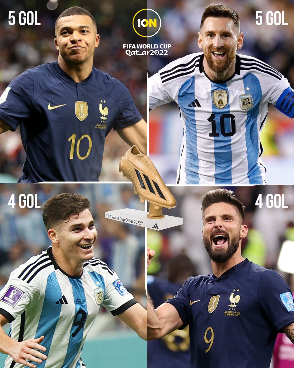 Altın ayakkabı için iki takımdan dört aday var. 👑

Genç yaşında bütün rekorları alt üst eden Mbappe mi yoksa Arjantin'i finale taşıyan Messi mi?

Alvarez ve Giroud ise iki fenomenin birer gol gerisinde sürpriz için sahada olacak. 💥

#DK2022 #10N