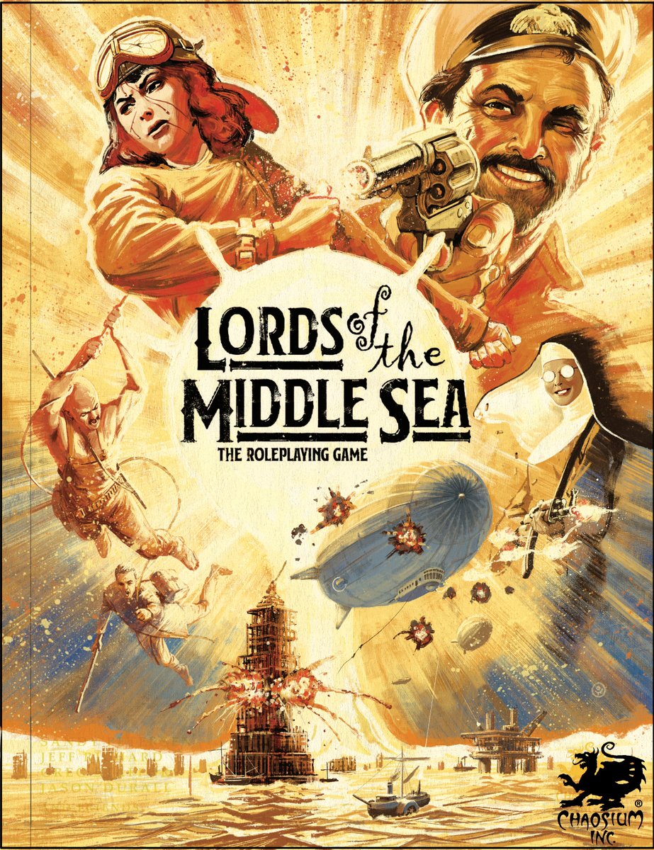 Chaosium_Inc's tweet photo. We wanted Ossi Hiekkala's cover art for Lords of the Middle Sea #LotMS to convey its major themes: post-apocalyptic proto-Steampunk in a flooded North America with dirigibles (and nuns with guns). Ossi nailed it... https://t.co/C0zZLUcqhv