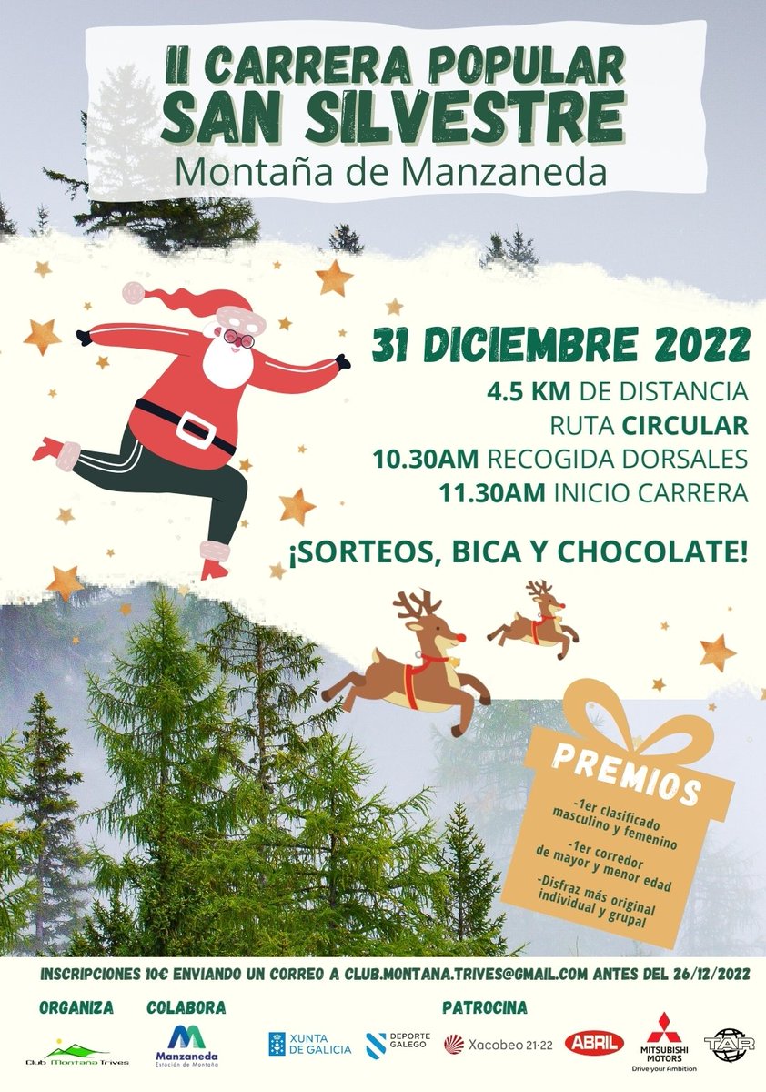 CMtrives's tweet image. Xa queda menos para a II Carreira Popular San Silvestre Montaña de Manzaneda 🏃🏻‍♀️🏃🏻
31 DE DECEMBRO, ás 11:30 da mañá na @estaciondemanzaneda. Carreira para todos os públicos, con premios🏆, sorteos🍀, bica e chocolate🍫 ao rematar.
inscricións abertas ata o próximo 26 de decembro