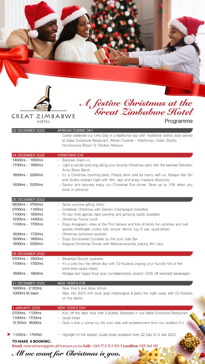 Experience a #Christmas like never before with the 
@HotelZimbabwe

 #GreatZimbabweHotel festive schedule!

#DiscoverZimbabwe #Zimbabweans #Zimbho
@African_Sun