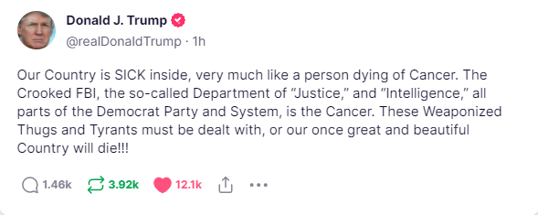 JamesNavaCom's tweet photo. Publicado por Trump en Truth Social:
Nuestro País está ENFERMO por dentro, muy parecido a una persona que se está muriendo de Cáncer. El corrupto FBI, el llamado Departamento de "Justicia" e "Inteligencia", todo el Partido Demócrata y el Sistema, es el Cáncer. Estos matones https://t.co/qvCL7bthP2