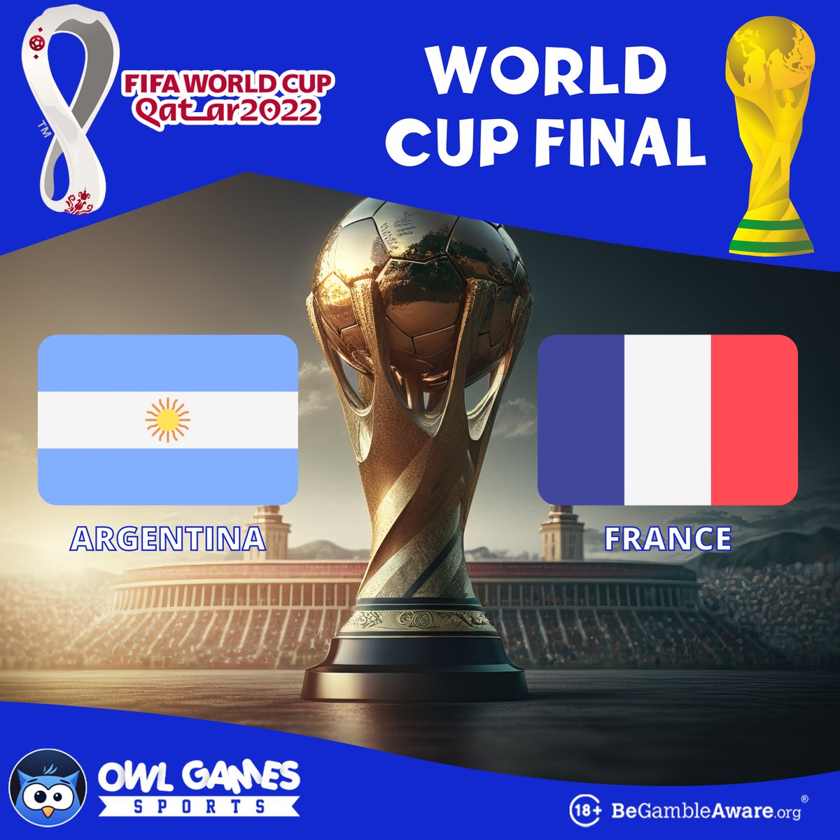 And then came the long-awaited World Cup final!

Argentina vs. France 

Will Messi get his coveted cup? Or will France continue to reign?

👉 owl.games/sports?bt-path…

#BetArgentinaFrance #OwlSports #OwlGames