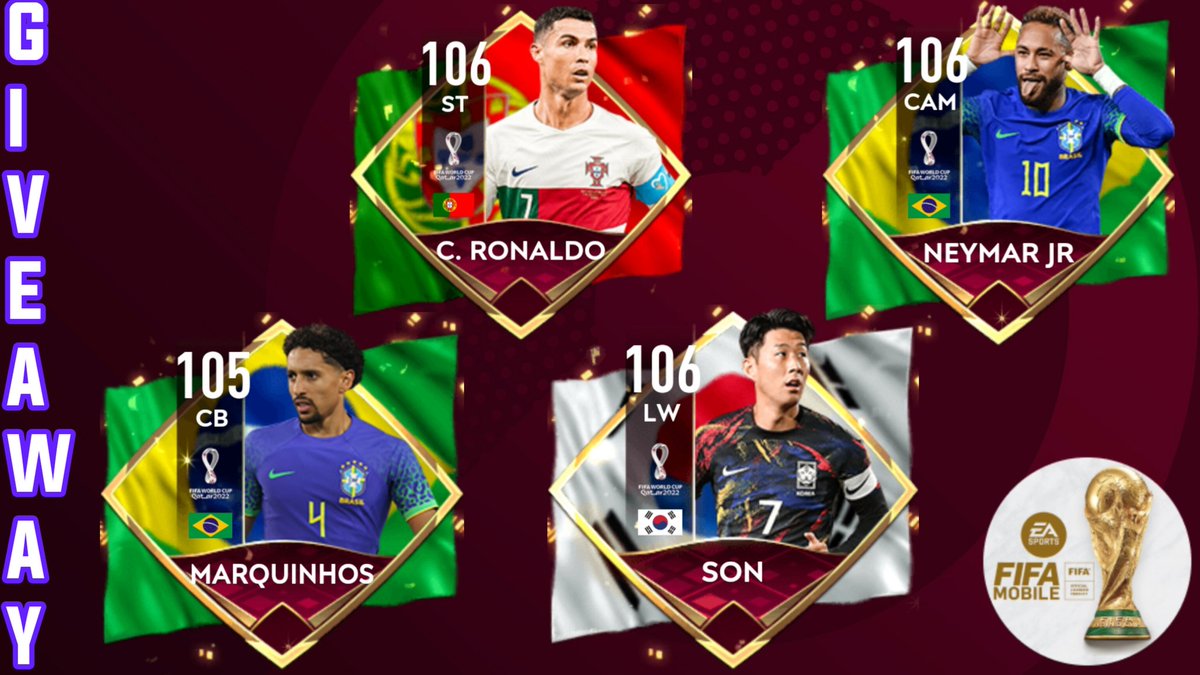 djmixfoo's tweet image. World Cup giveaway sponsored by @EAFIFAMOBILE, choice between exclusive version Ronaldo, Neymar, Son or Marquinhos 

To enter 
1. 🔄
2. Follow us and @EAFIFAMOBILE
3. ✍️ number between 1-10000 with screenshot of subscribe to my channel 
4. Instagram*

Winner chosen 7PM UTC 21/12