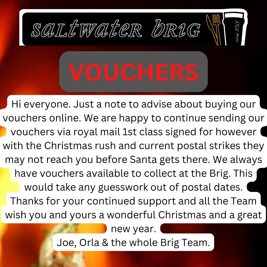 VOUCHERS. #fyp #foryoupage #beergarden #topchefs #seatoplate #sustainableseafood #cosy #fieldtoplate #brigcommunity #visitstrangfordlough #ardspeninsula #keepitlocal #ardsandnorthdownboroughcouncil #saltwaterbrig #beergarden #portaferry #kircubbin #DiscoverNI #EmbraceAGiantSpirit