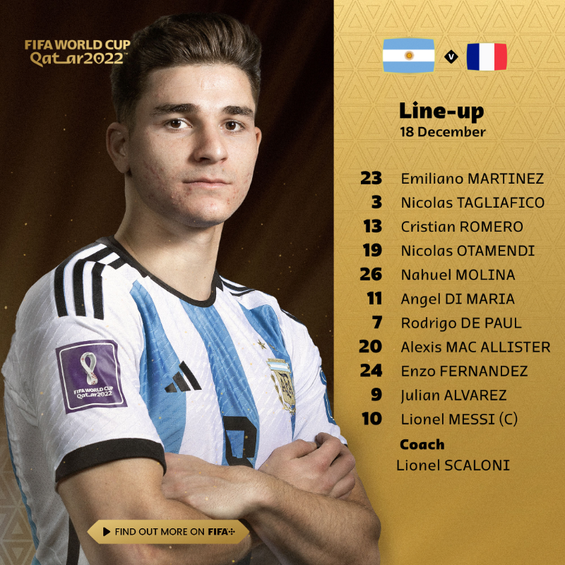 FIFAWorldCup's tweet photo. The line-ups are in!

Today's #FIFAWorldCup Final Starting XIs for Argentina and France ⤵️