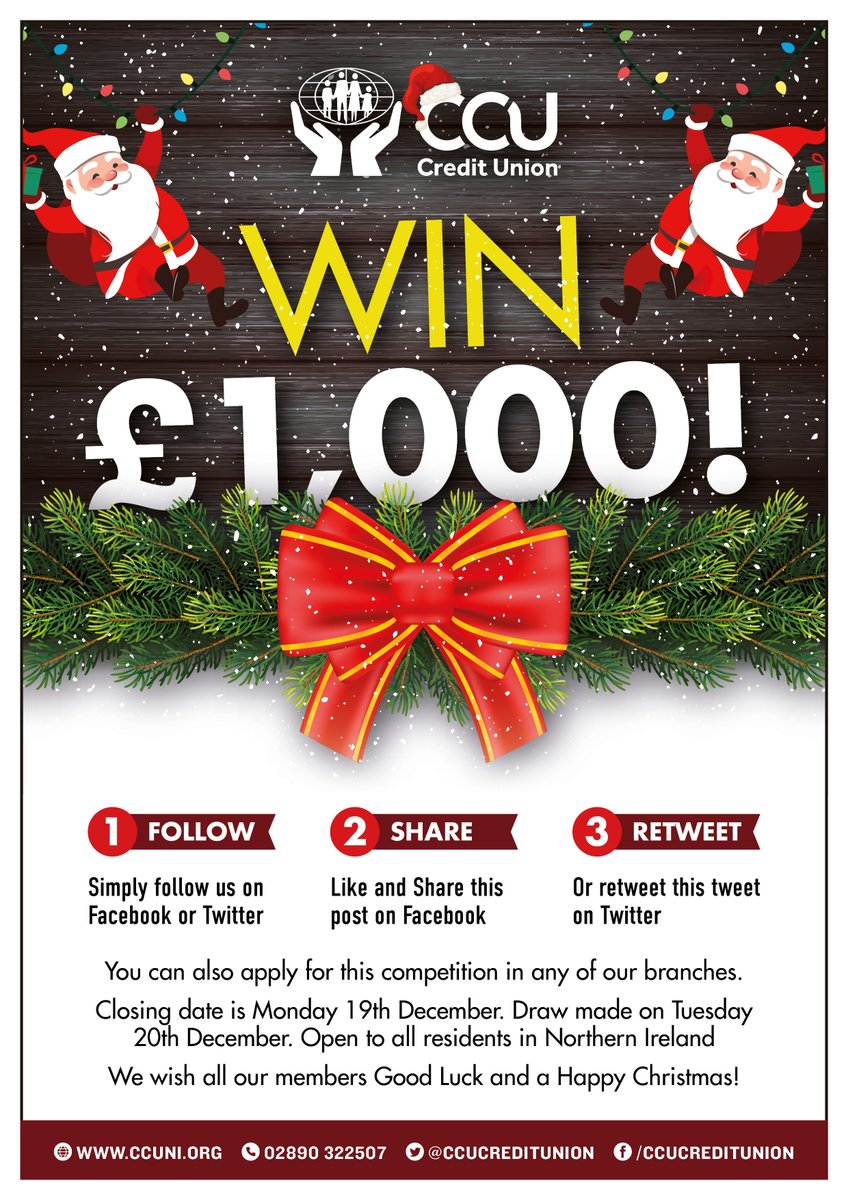 CCUCreditUnion's tweet photo. 📣 IT'S COMPETITION TIME!!!

🎅 WIN £1,000!!!

🎄 To enter all you need to do is follow the instructions below 👇

Good luck! ☃️ https://t.co/QhPHFButGz
