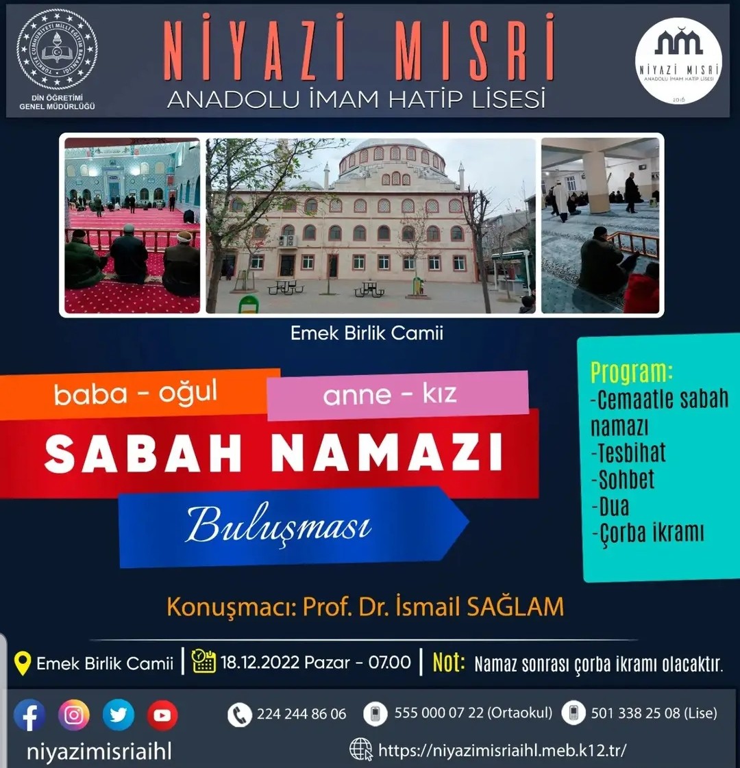 Bugün sabah namazında Niyazi Musri Anadolu İmam Hatip Lisesi'nin güzel  bir  etkinliğine  şahitlik ettik.  Yönetici  ve gönüllü  olarak organizasyona destek veren herkese teşekkürler.  Çok güzel  bir atmosferdi.