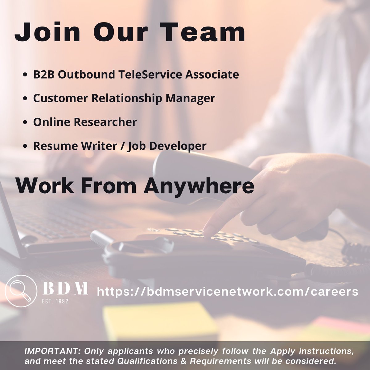 Join Our Team! Work From Anywhere. Check out our Permanent #RemoteJobs at ow.ly/WYJq50M6sih

#internationaljobs #jobdeveloper #customerrelationshipmanager #onlineresearcher #telemarketer #telemarketing #virtualjobs #workathome #workfromhome #remotejob #remotejobs #hiring