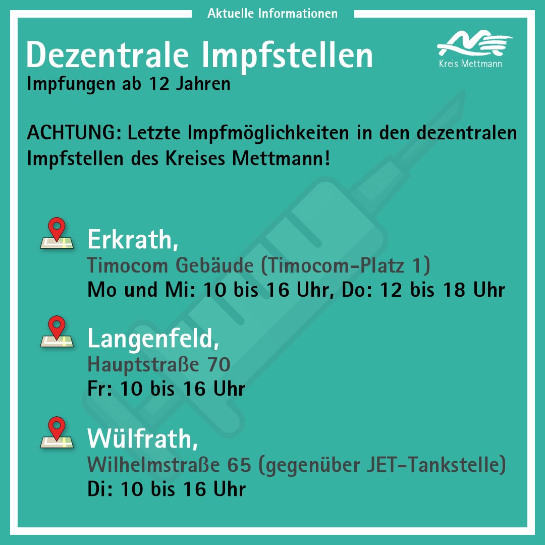 KreisMettmann's tweet photo. Nach dem 31.12. sind laut #Impferlass des Landes #NRW keine kommunalen Impfangebote mehr vorgesehen. Der #KreisMettmann bietet daher nur noch in der kommenden Woche #Impfungen in den dezentralen #Impfstellen an. Hier die letzten Termine. https://t.co/uFTjObhUdr