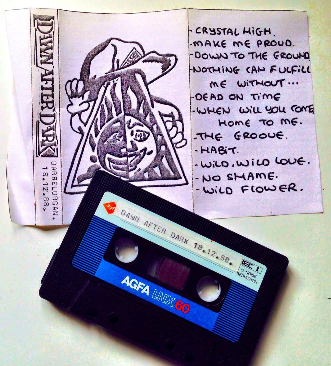 DawnAfterDarkUK's tweet photo. And on this day in Dawners history (1988) we played our Xmas gig at the Barrel Organ. A great night with a special TShirt, tickets with a typo ,and even a bootleg of the night. #dawnafterdark #rock #tockmusic #digbeth #Birmingham #chapter22records #cassette #tape #bootleg #tshirt https://t.co/8Pwy7p3IC8