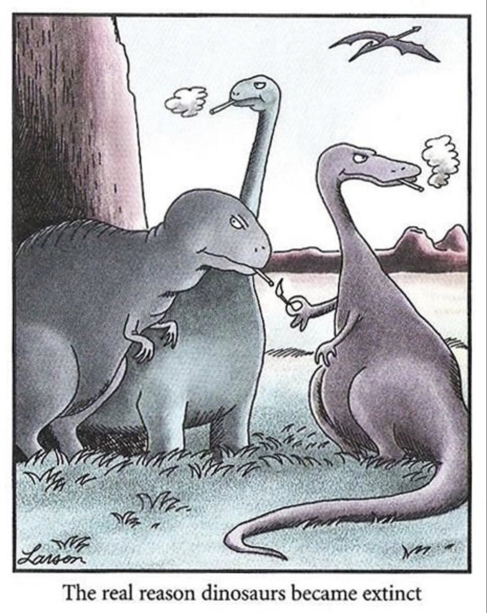 Nog iemand een dinosaurus gezien?  

#Cartoon van #GaryLarson, 👍.

#WorldNoTabaccoDay 
#WereldNietRokenDag 
#WerelddagZonderTabak