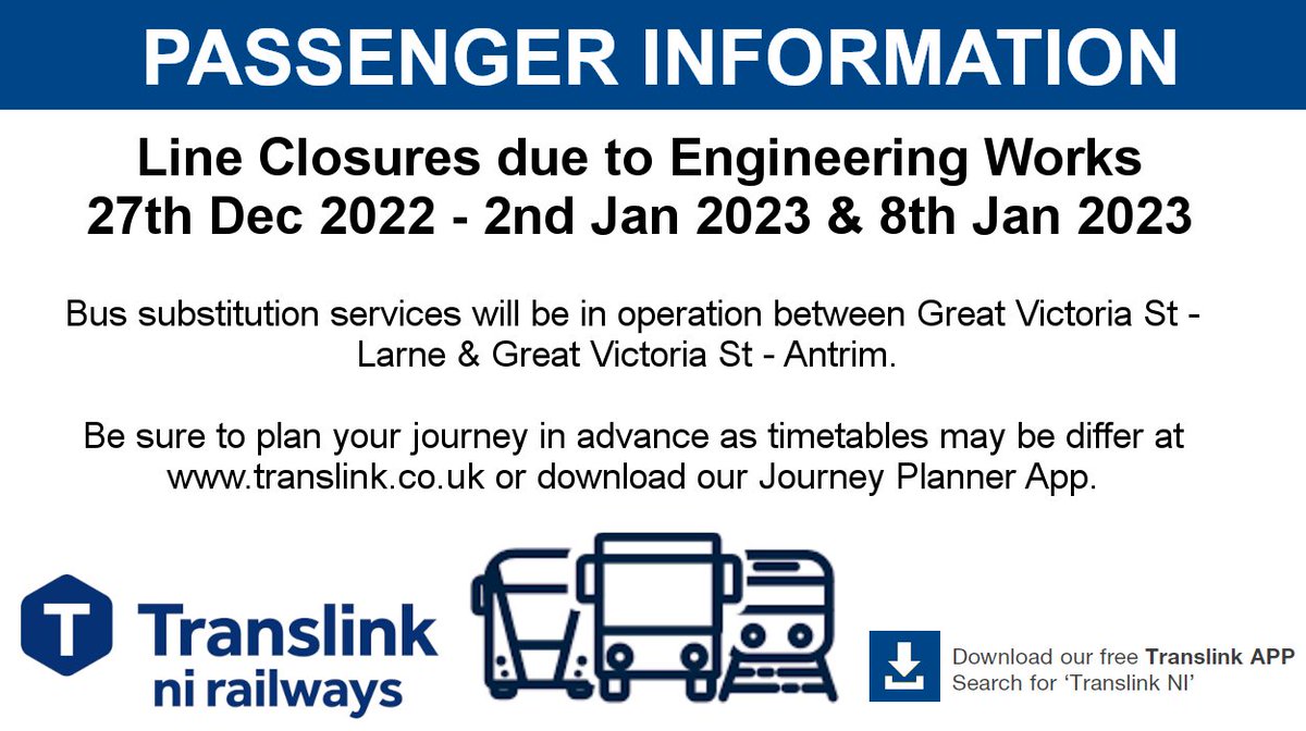 Translink_NI's tweet photo. ❗ #TRAIN Line closures from 27th Dec - 2nd Jan &amp; 8th Jan due to engineering works

Be sure to plan your journey before travelling as timetables may differ from normal times 👉 https://t.co/7OkTJvzZ9B

For further details on closures 👉 https://t.co/M3OPYMiy1l https://t.co/6QUtQtaDx9