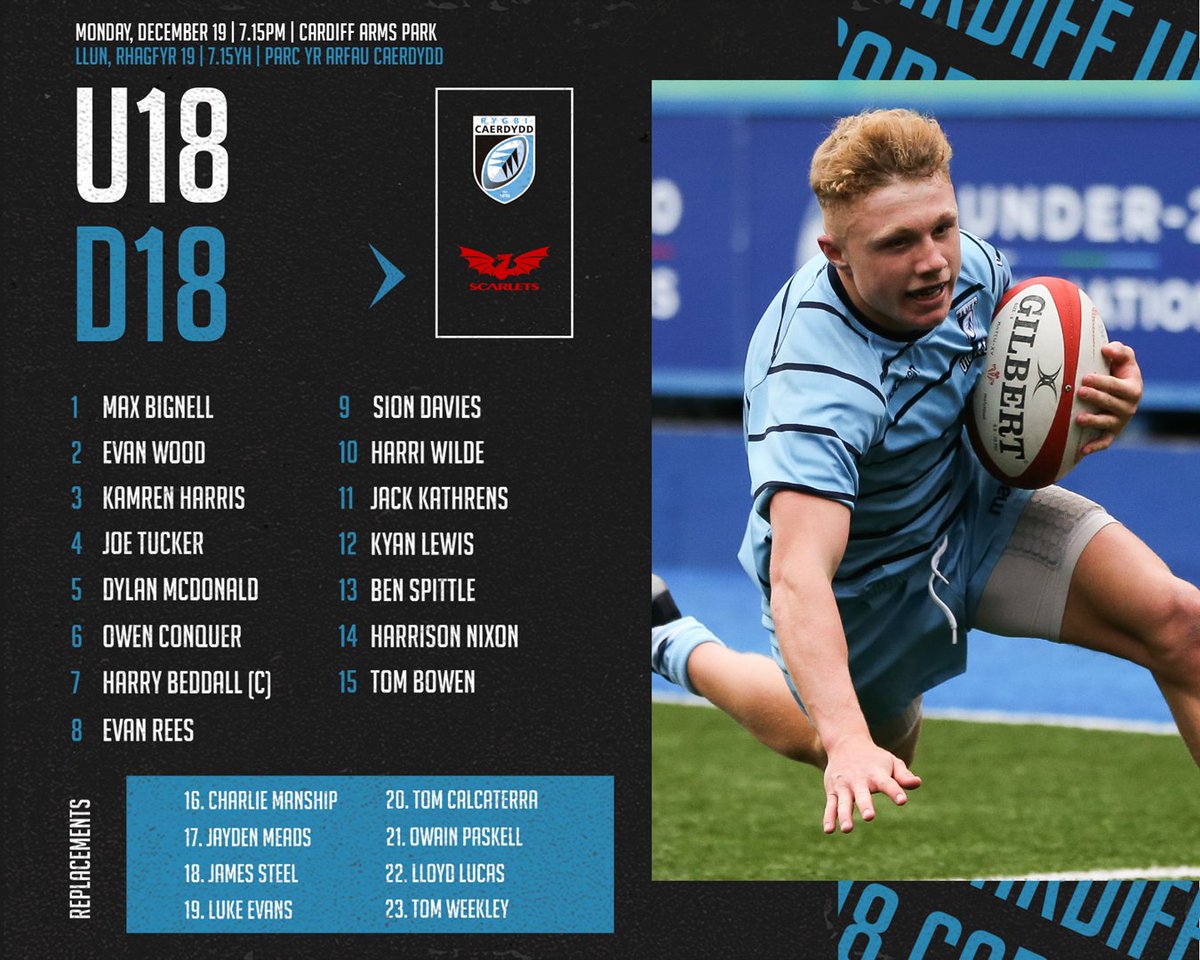 🏉 <a href="/Cardiff_Pathway/">Cardiff Rugby Age-Grade and Academy</a> U18 make 10 changes to their starting line-up for tomorrow's clash with <a href="/scarlets_rugby/">Scarlets Rugby</a> at <a href="/ArmsParkCardiff/">Cardiff Arms Park</a> (KO 7.15pm).

Harry Beddall returns as captain, with plenty of exciting combinations throughout

Edrych ymlaen i weld y 🔵⚫️ ifanc yn cystadlu nos yfory