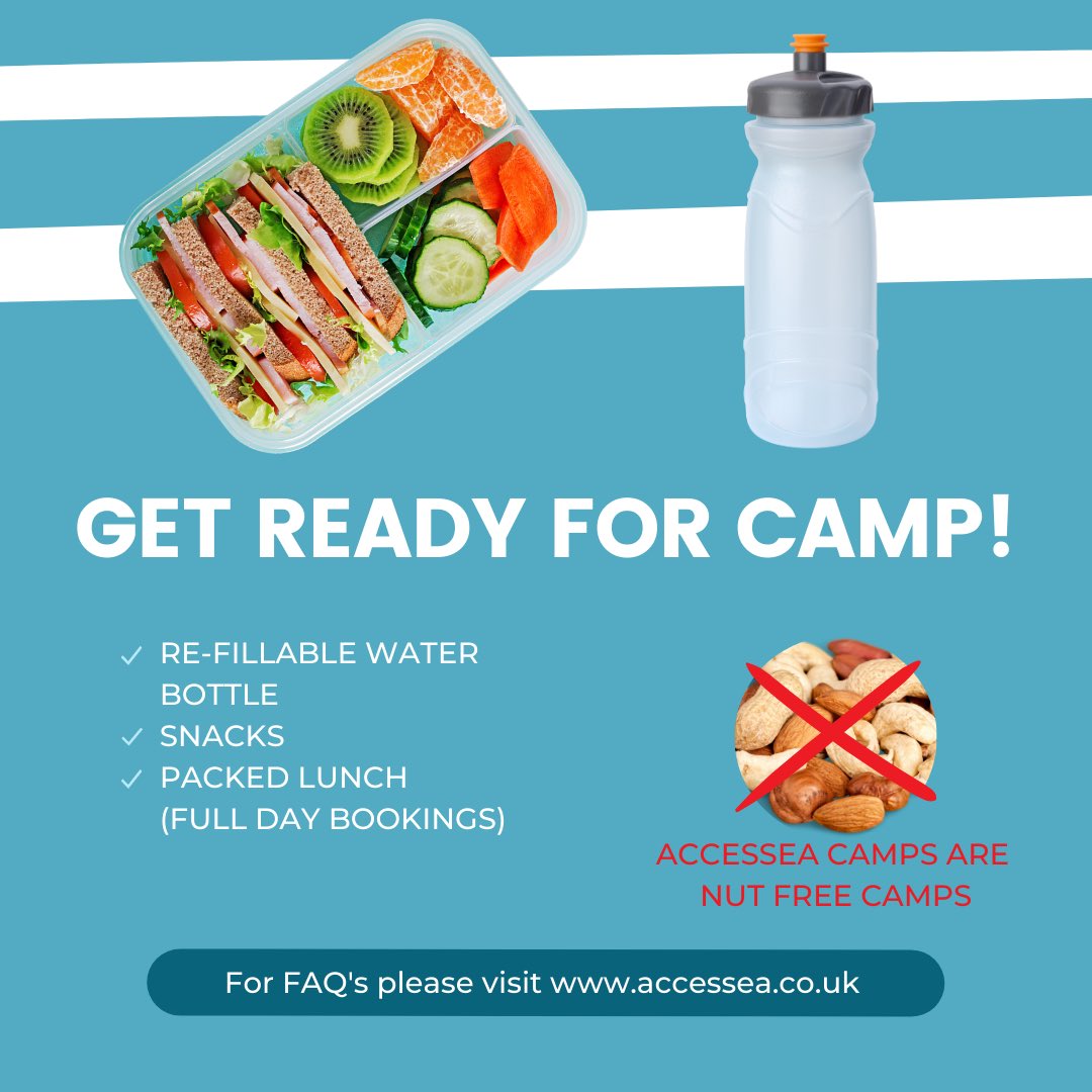 Our Christmas Camps begin tomorrow so get ready with us! 

💦 Re-fillable Water Bottle
🍎 Snacks
🥪 Packed Lunch 

🚫 Please keep in mind all AccessEA camps are Nut Free Zones when packing snacks and lunches