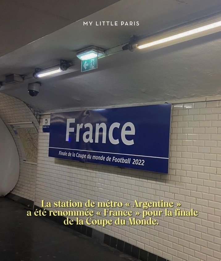 La estación del metro de París que se llama Argentine fue renombrada como France por la final de la Copa del Mundo. En Buenos Aires Plaza Francia se sigue llamando Plaza Francia porque nosotros no somos tan pelotudos. Buen día.