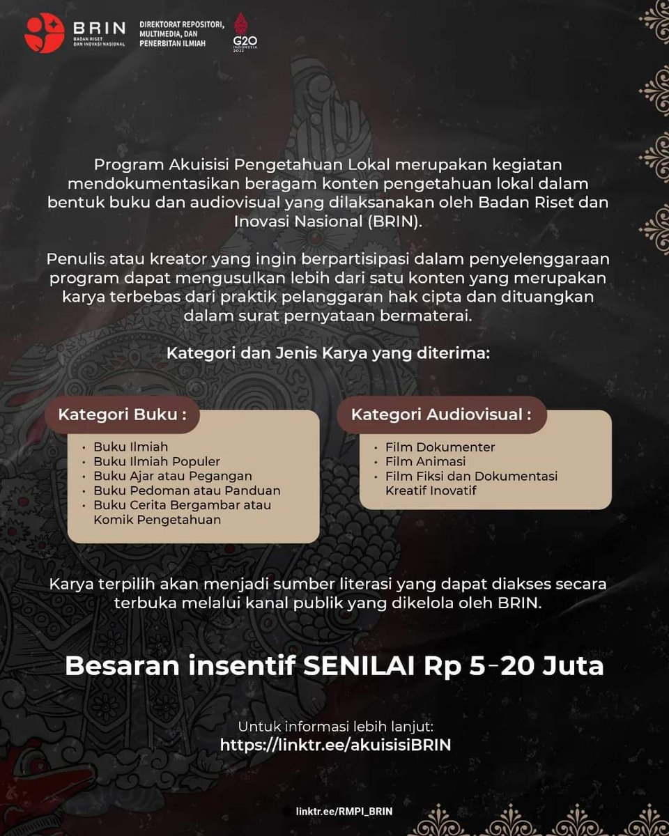 Badan Riset dan Inovasi Nasional <a href="/brin_indonesia/">BRIN Indonesia</a> kembali menyelenggarakan Program Akuisisi Pengetahuan Lokal untuk tahun 2023, lo!