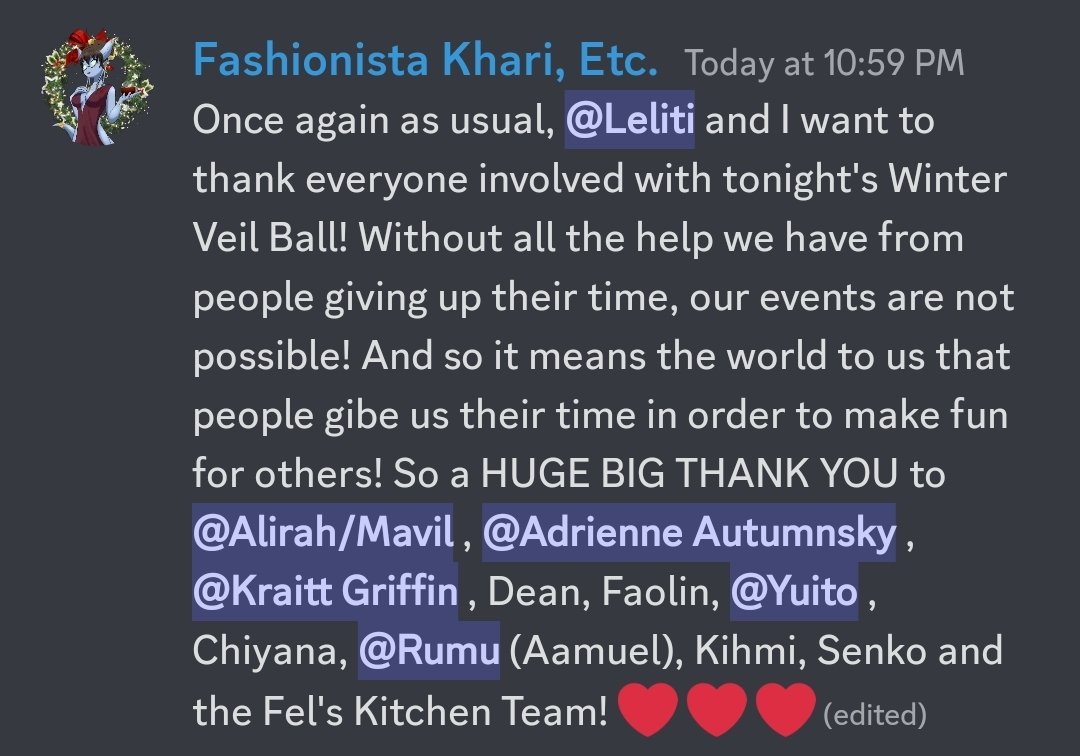 It really means so much to <a href="/TrueLeliti/">Leliti</a> and I for people to give up their time to help us, tha k you again to everyone involved in last nights Winter Veil Ball Night! ❤️