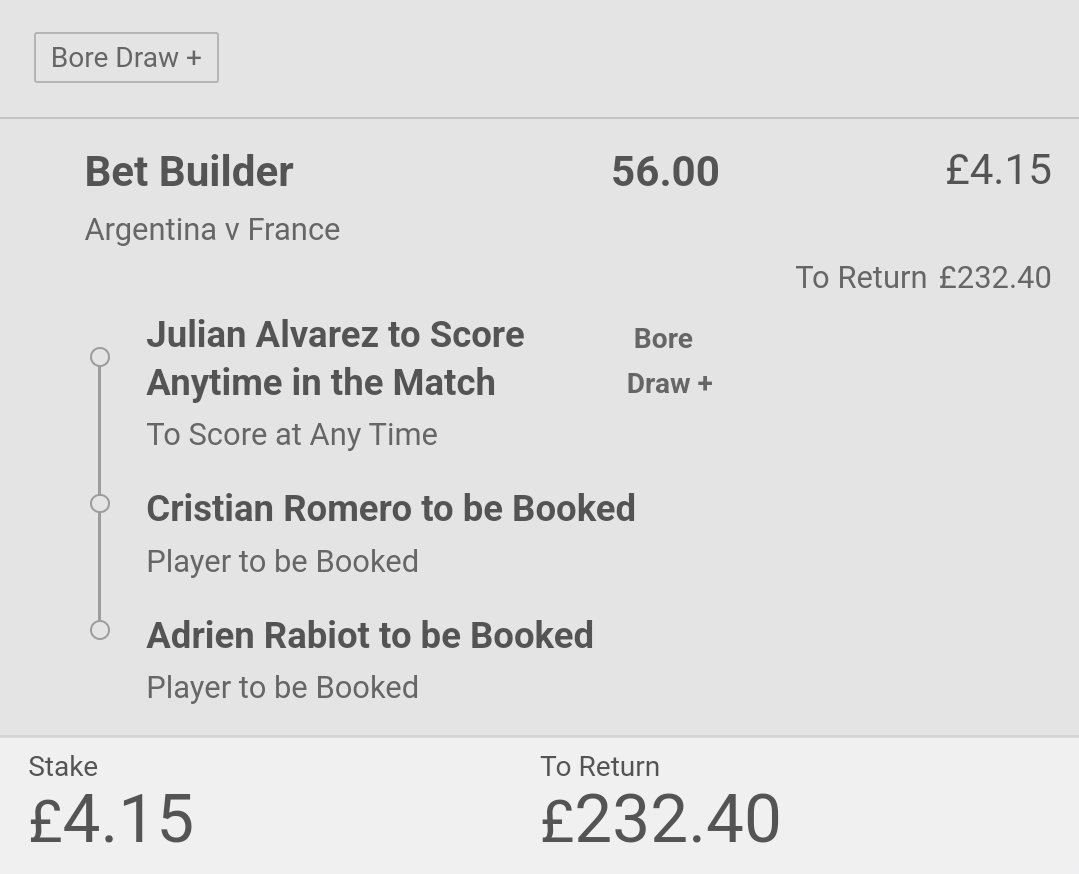 🏆 £200 WC CASH GIVEAWAY 🏆

If this longshot betbuilder lands in the #FIFAWorldCup    final, I will give away £100 each to 2 followers! 💰

To enter:

👉 Retweet this tweet 🔄
👉 Like this tweet ❤️

Winners announced after the final! 🐐

Good luck! 🤝✅️ #Arg #Fra