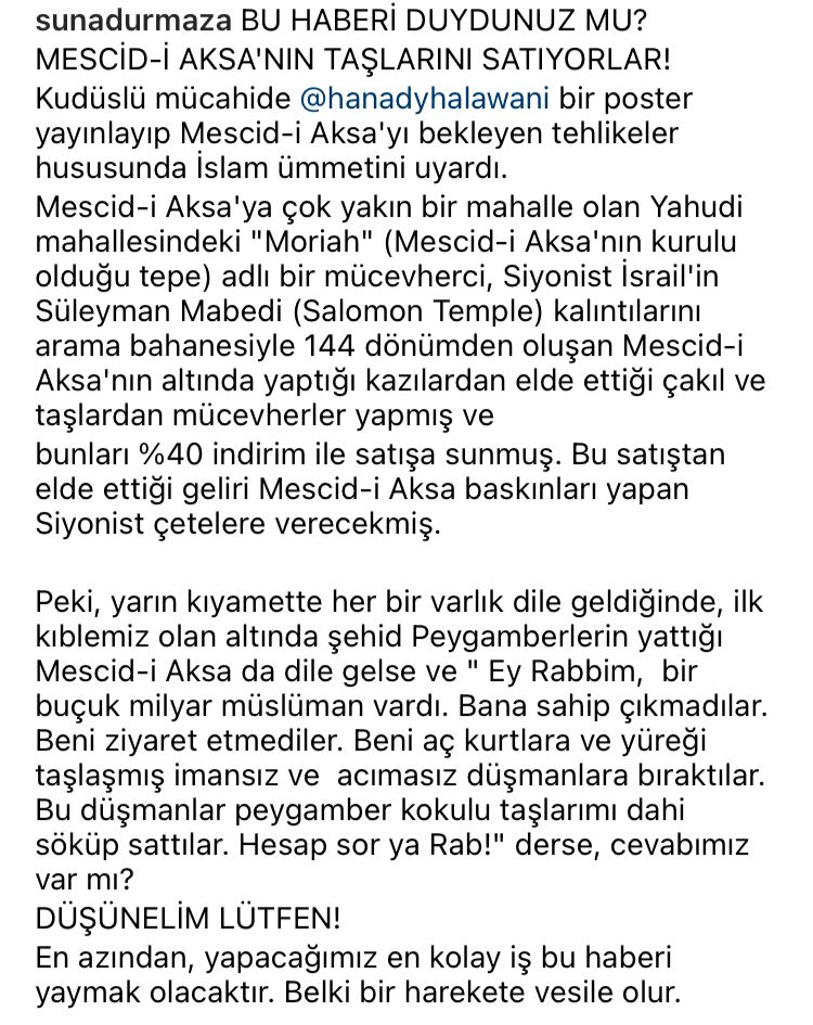 SunaDurmaz's tweet photo. Müminler olarak bu haber karşında şapkamızı önümüze koyup, içine düştüğümüz durumun vahametini kara kara düşünelim? Üçüncü kutsalımızın taşları satılıyor!!!!😔😔😔 https://t.co/AlYD7SiLwc