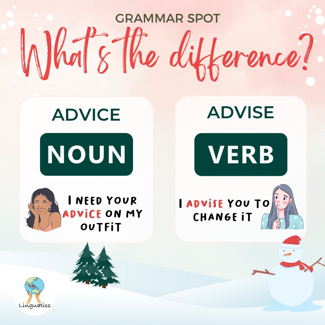 linguaticians's tweet photo. Hi Linguaticians ✨✨
How's your weekend?
Anyway, do you know the difference between advice and advise?
Let's take a look in this post to understand the difference! Happy learning 🫶🏻 #grammar #english #englishgrammar #partofspeech https://t.co/u4YdZXFUH2
