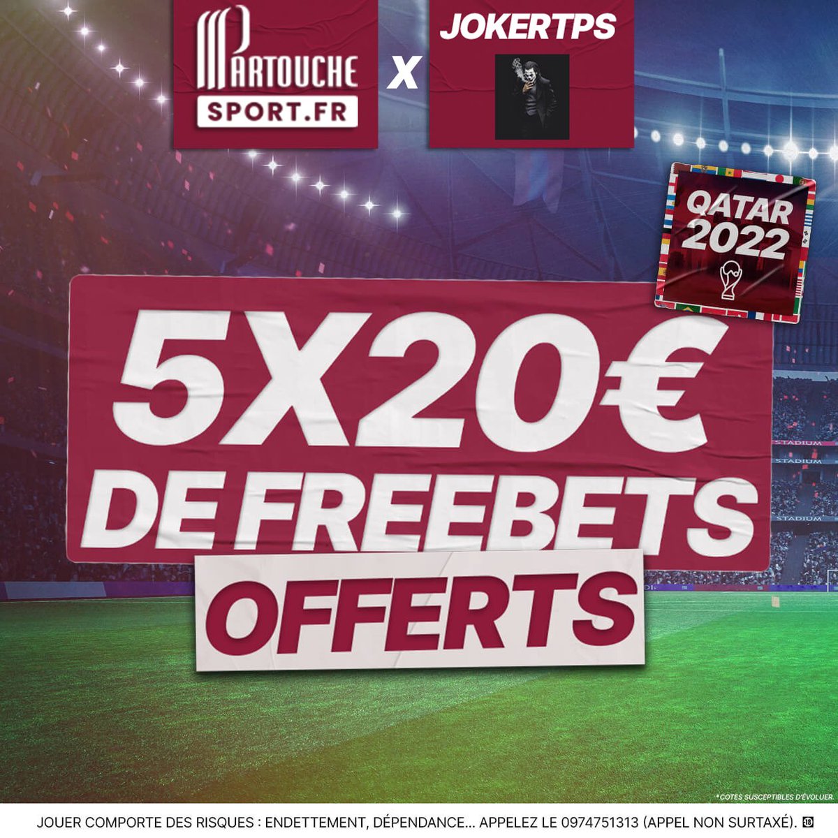 JokerTps's tweet photo. 🎁 CONCOURS AVEC @PartoucheSport !
 
🤩 5 x 20€ de Freebets à gagner !
 
Règles :

👉 RT ce post
👉 Follow @PartoucheSport &amp; @JokerTps

💭 Pas de compte ? Inscrit toi avec le code promo "JOKER"

🔥 BONUS : Dépose et parie sur la finale : 10€ de freebets en + pour toi ! https://t.co/SFRgnWY6Zj