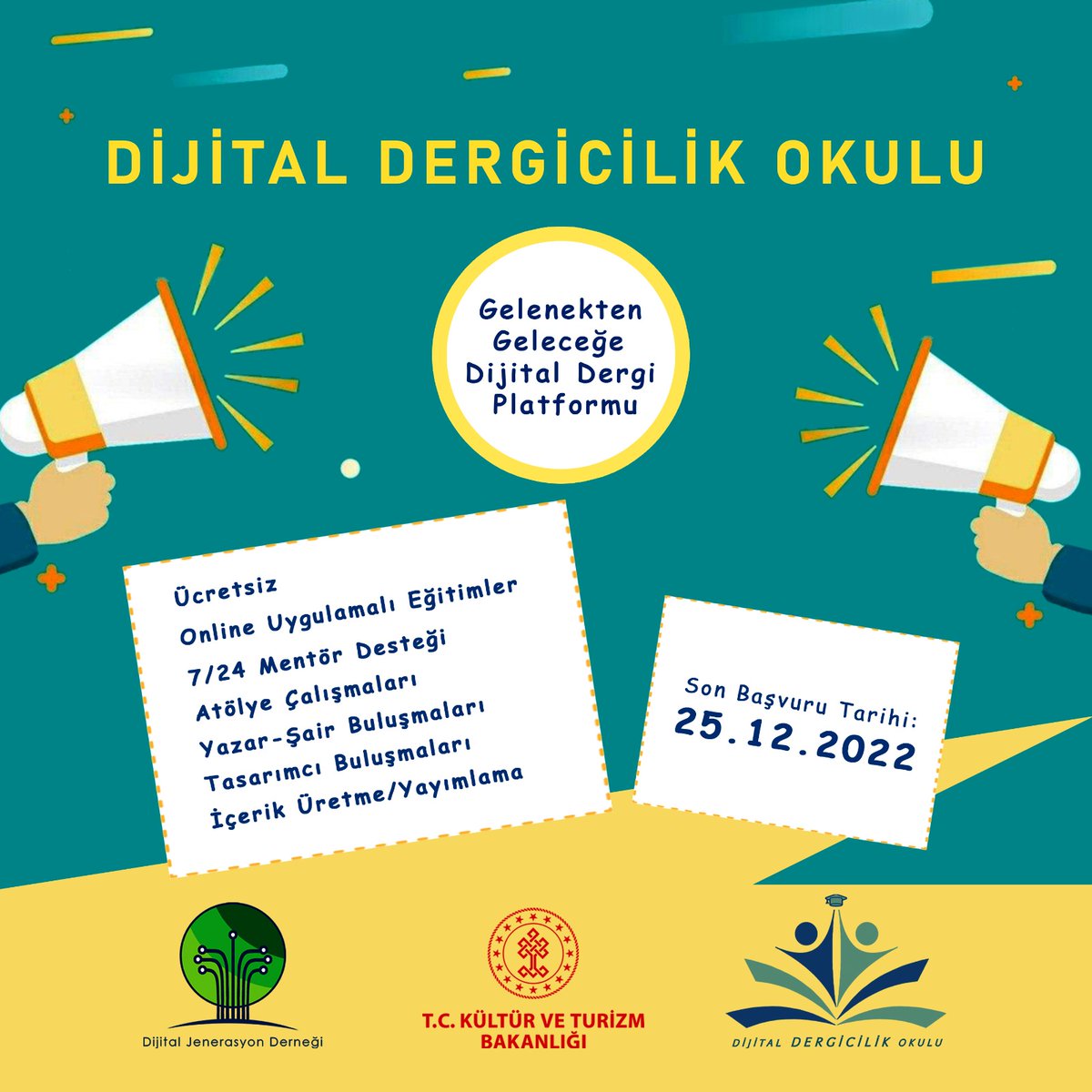 📚📖Dijital Jenerasyon Derneğince düzenlenen 'Gelenekten Geleceğe Dijital Dergi Platformu' projesine başvurular devam ediyor

📝 Projeye katılan genç yazar ve editör adayları, eğitim sürecinde kendi dijital dergilerini hazırlayarak yayımlayabilecek