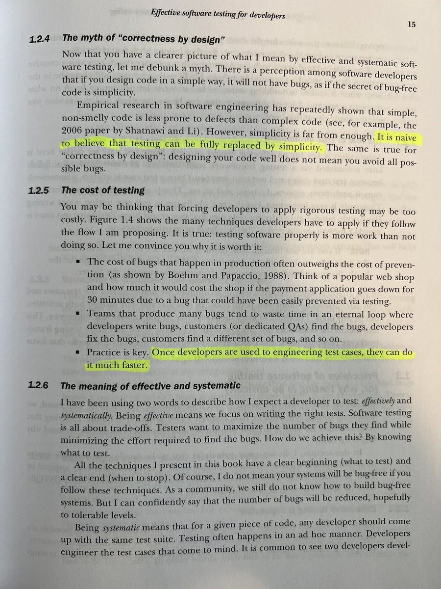 I really agree with both these takes from Effective Software Testing by <a href="/mauricioaniche/">Maurício Aniche</a>:

1. That simple code won’t guarantee no bugs, and is not a replacement for testing 

2. That the more you write tests, the less effort it becomes to do so.