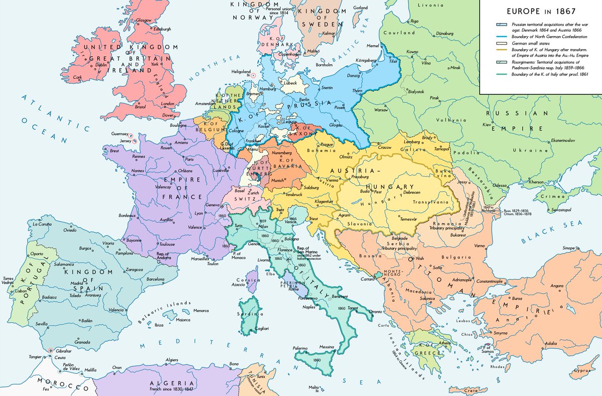 Europe and an expanding Prussia in 1867, taken from https://en.wikipedia.org/wiki/Austro-Prussian_War#/media/File:Europe_1867_map_en.png