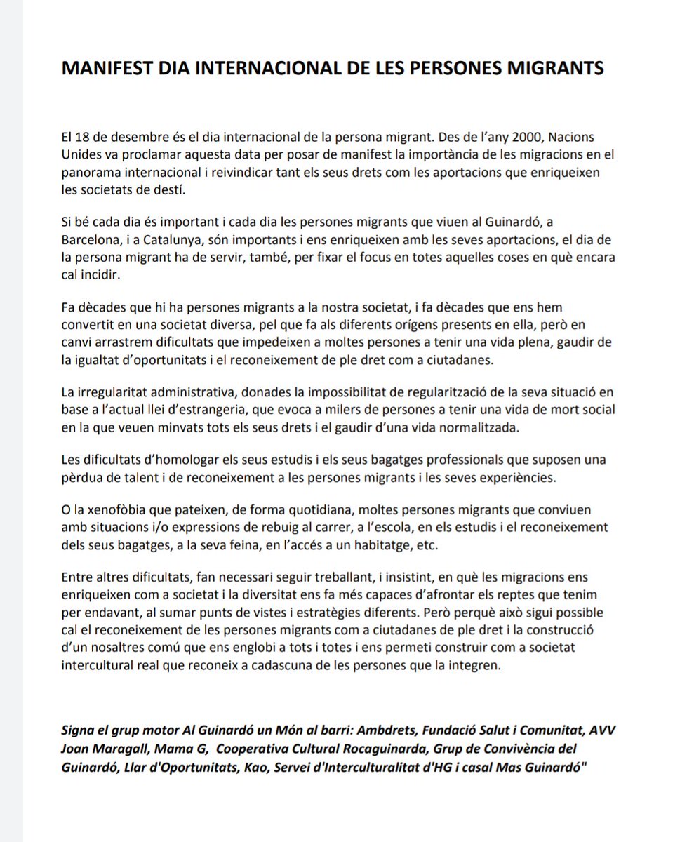 ambdrets's tweet photo. En motiu del 18D-Dia del migrant, les entitats promotores del Guinardó: un món al barri, hem elaborat aquest Manifest https://t.co/l7dOos0kVL