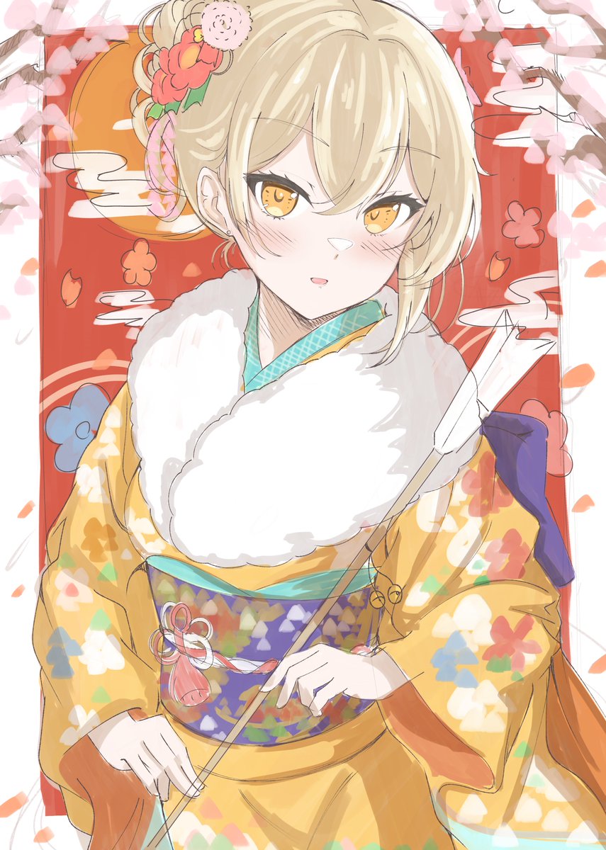 1girl japanese clothes kimono solo arrow (projectile) blonde hair flower  illustration images