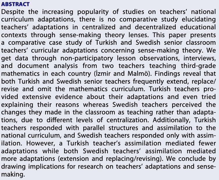 journal_JCS's tweet photo. read all new and open access: "Teachers’ sense-making and adapting of the national curriculum: a multiple case study in Turkish and Swedish contexts" Nilay T. Bümen Mona Holmqvist
#sensemaking #classroomteachers #teacheradaptions #curriculumimplementation
https://t.co/e5Eq5saJkP https://t.co/jyqiEiuZ9g
