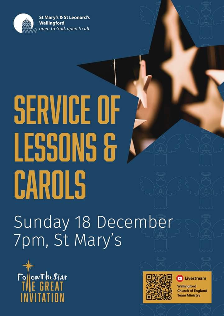 Everyone is welcome at our service of Lessons and Carols this evening

📅 Sunday 18 December
⌚7.00pm (but we recommend getting there a little early to settle in and warm up) 
📍St Mary's in Wallingford Market Place
 
If you'd like any more information, please just ask.