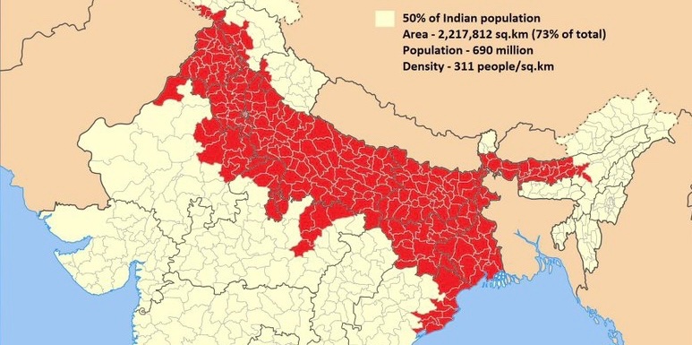 harshmadhusudan's tweet photo. The area in red will soon have a density of ~1,000/sq km. With Bihar and Eastern UP to be around 2,000. Only large cities here are Delhi-NCR and Kolkata. We need a massive city growing out of Lucknow-Kanpur and another one in Eastern UP/Bihar over coming years. Map Via @xruiztru https://t.co/rf7ZxZbX8C
