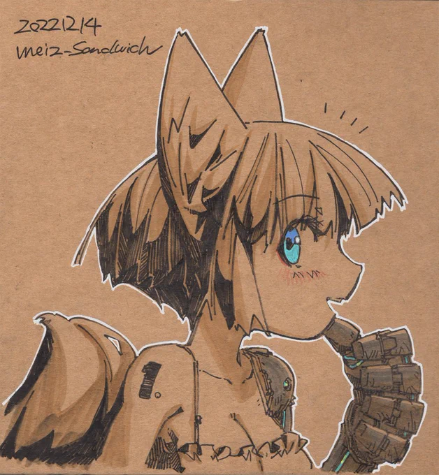 【アナログ1883:いつも待ってる子】目のボールペンがかなり強く見えます。#狐娘 #サイボーグ 