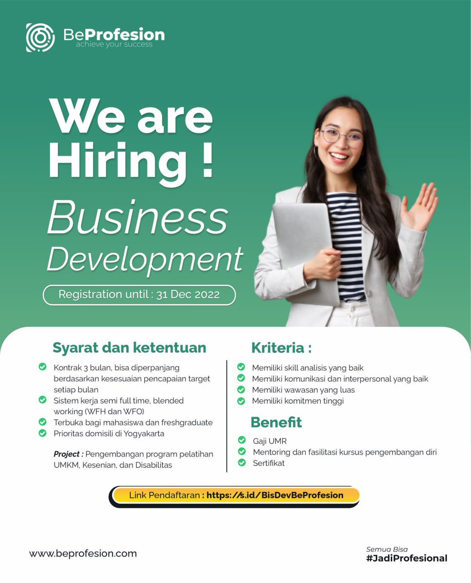 be_profesion's tweet photo. We are hiring !!! 
Bussiness Development specialist. Yang berminat boleh daftar  yuk ! #businessdevelopment #infoloker #infomagang #lokerjogja https://t.co/BiE47iZaLJ