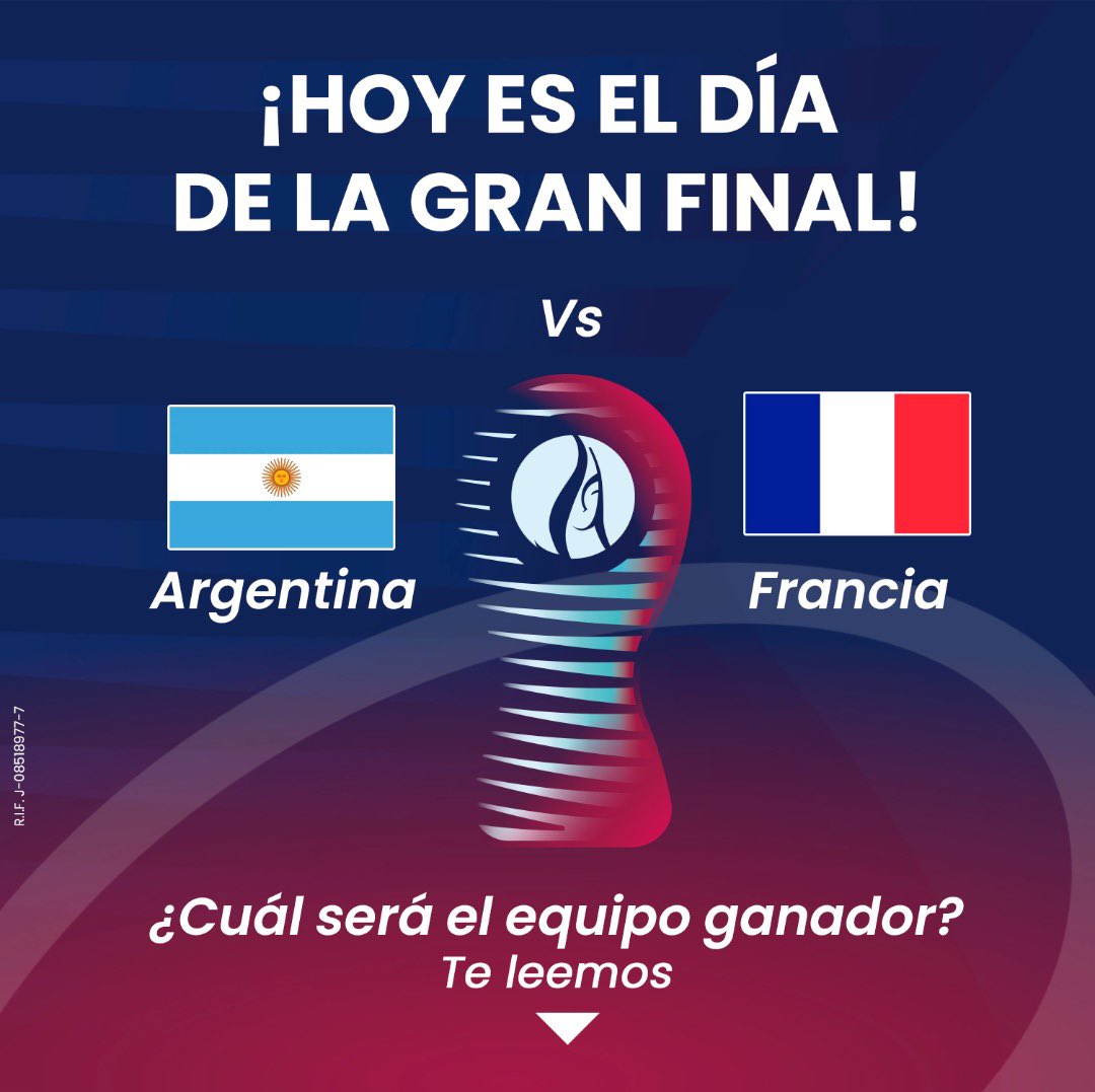 DronenaVE's tweet photo. 🙌 ¡Hoy sabremos cuál será el equipo que se titulará como #Campeon en el #MundialDeFutbolQatar22 🏆
⚽¿Cuál será el equipo ganador? Argentina o Francia
Coloca la bandera o el nombre del ganador en los comentarios 👇
#CampeonDelMundo #Qatar2022 #PitazoFinal https://t.co/gwURyakMZq