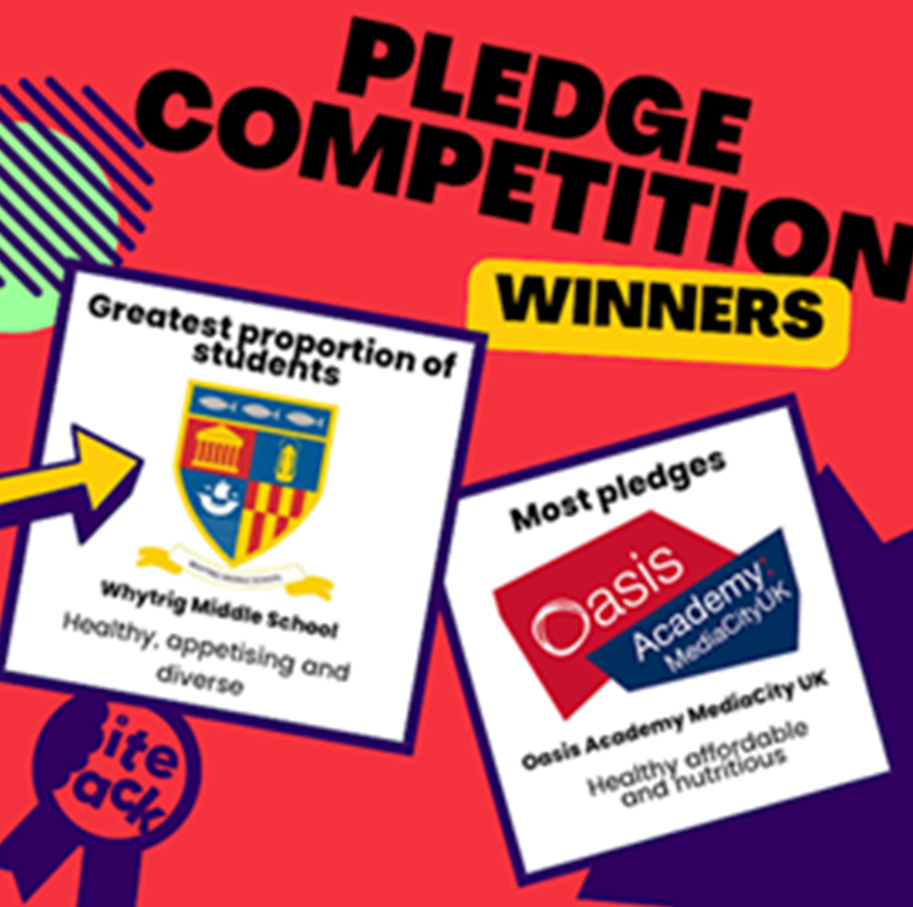 OAMC_Food's tweet photo. Thank you for supporting our #schoolfoodchampions + their pledge for a healthy, affordable + nutritious school food environment. We received the award for most pledges🏆

Congratulations @WhytrigMS for the greatest proportion of students award 🏆

@biteback2030 @OasisMediaCity https://t.co/a2YyADhy3a