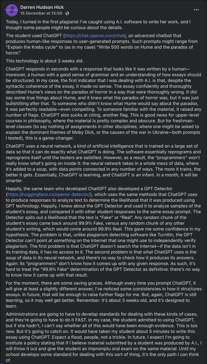 It was to be expected, but it did happen very quickly: the first cases of students using OpenAI's ChatGPT to generate essays are popping up. 
facebook.com/title17/posts/…