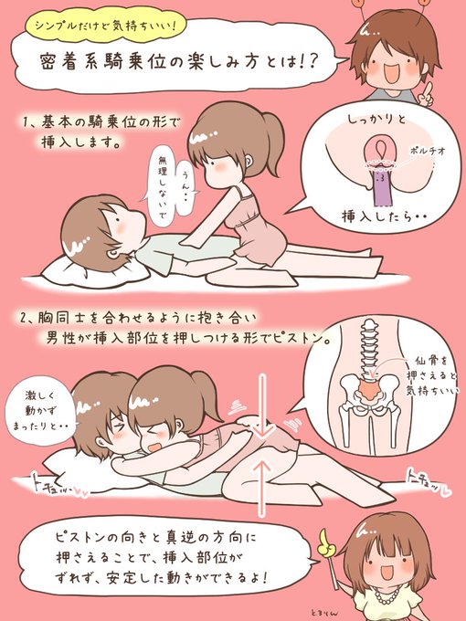 【密着系騎乗位の楽しみ方♡】

・通常の体勢で挿入
・胸を合わせる形で抱き合う
・女性の仙骨を押さえる
・男性が下からゆっくり突く

ピストンと拮抗するよう仙骨を抑えることでブレずに性感帯を突くことが可能♡仙骨に置く手の温かさで血流が増し感度が上がるのもポイントです!絶対イクな、これ… 