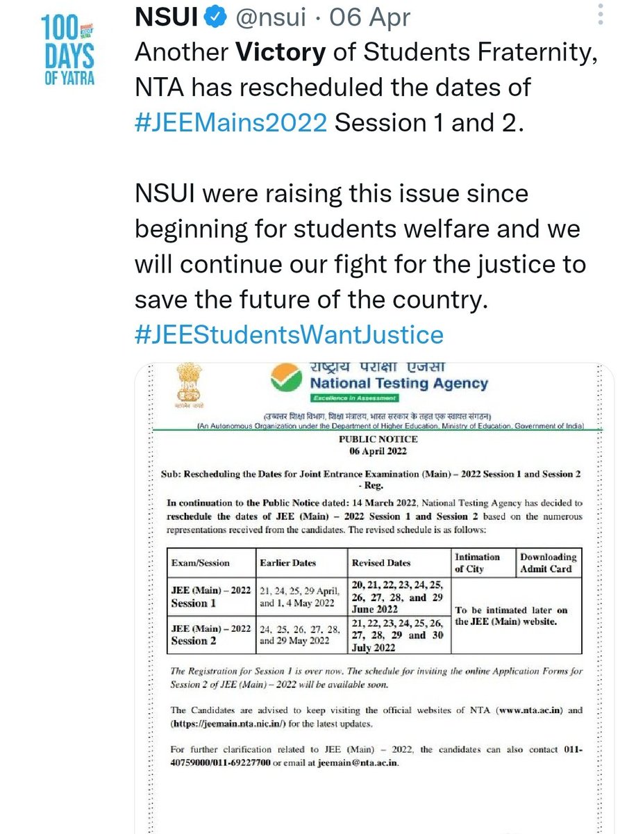 HarshBisaria's tweet photo. NSUI is the only and the very first students' organisation which always raises the students issues and succeeds in getting them resloved from the Govt. Don't worry students, we will fight for you &amp; you will definitely to get the relaxation.
#JEEMains #JEE2023 #JEEMain2023inApril https://t.co/5UTKvrT80n