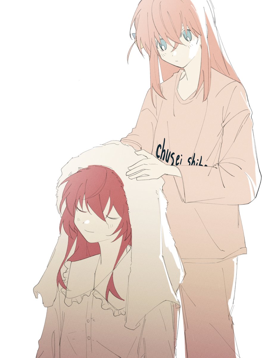 gotou hitori multiple girls 2girls red hair pink hair towel on head long hair closed eyes  illustration images