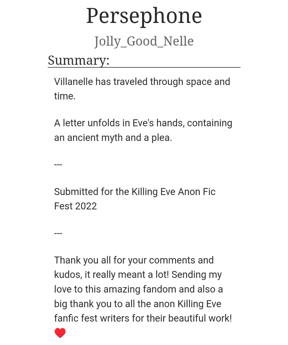 Thank you for reading my KE anon fic! I really enjoyed being part of this fest! Also, posting this after "Death of Orpheus" was a random, happy coincidence and I was pleasantly surprised that people thought it was planned this way! 😅 Love you all! 🫶

archiveofourown.org/works/43551034