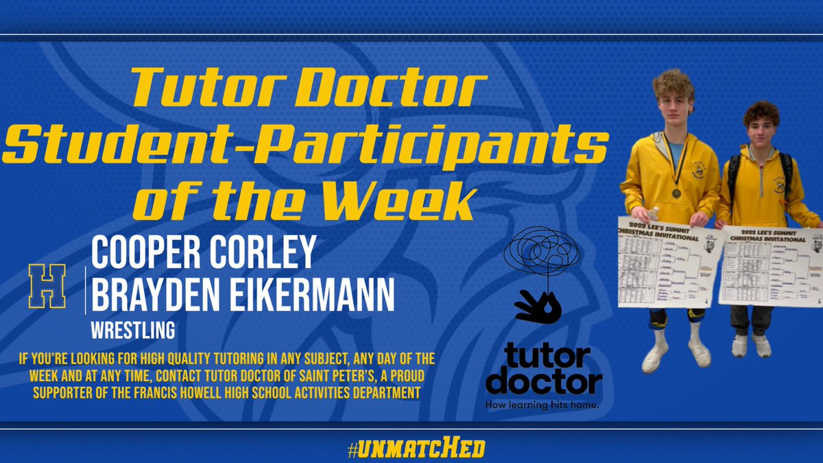 Congrats to Cooper Corley &amp; Brayden Eikermann on being named the Tutor Doctor Student-Participants of the Week! Both Vikings won championships in the Lees Summit Tournament this weekend! #unmatcHed